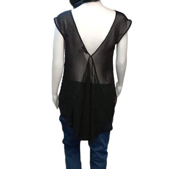 Rachel Zoe Paisley Mixed Media Blouse Size M Sheer Back High Low Top Boho Black - Picture 2 of 6